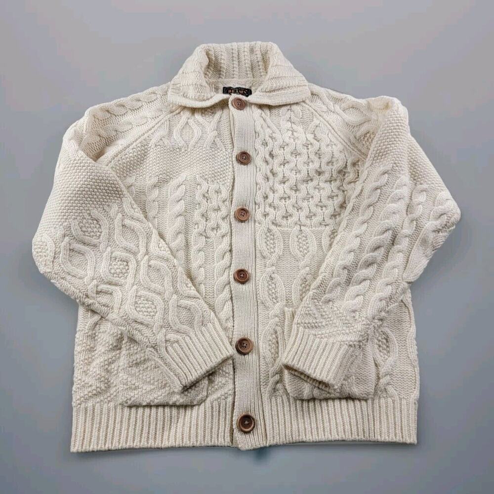 Beams Plus Alan Patchwork Wool Cardigan size S Beige Aran Knit NWT